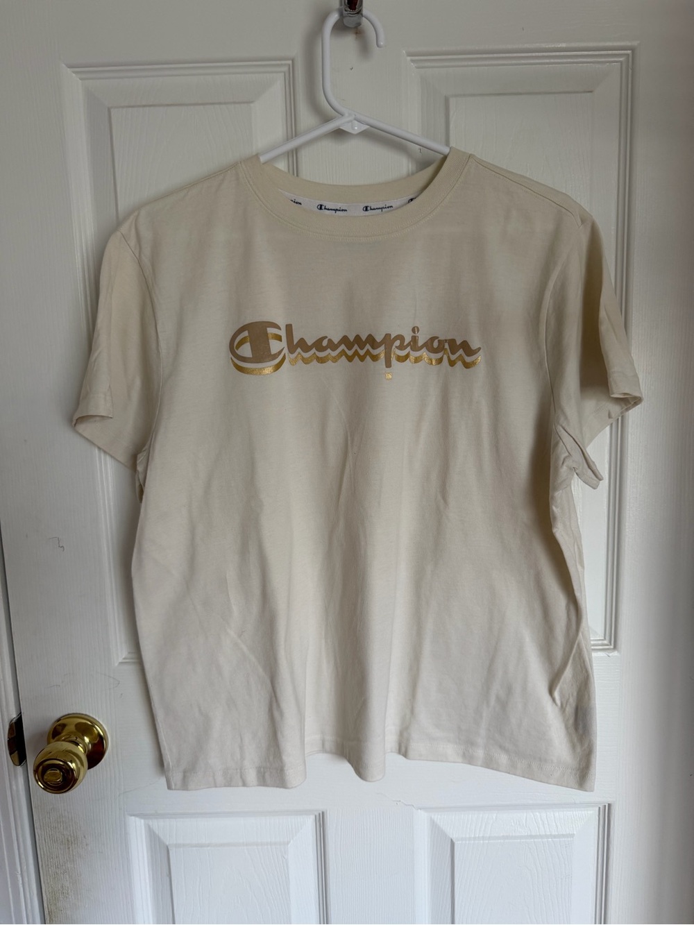 Champion Cream Crewneck Tee with Navy Logo Trim